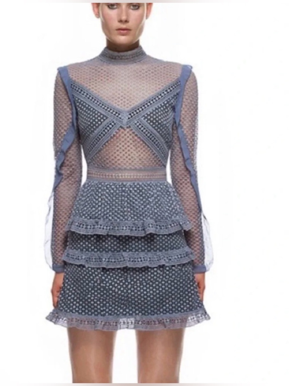 Self-Portrait Dusty Blue Sheer Lace Long-Sleeve Tiered Mini Dress
